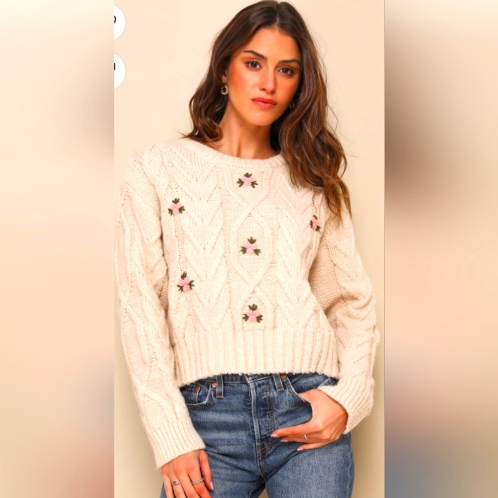 Cuddly Darling Beige Floral Cable Knit Pullover Sweater